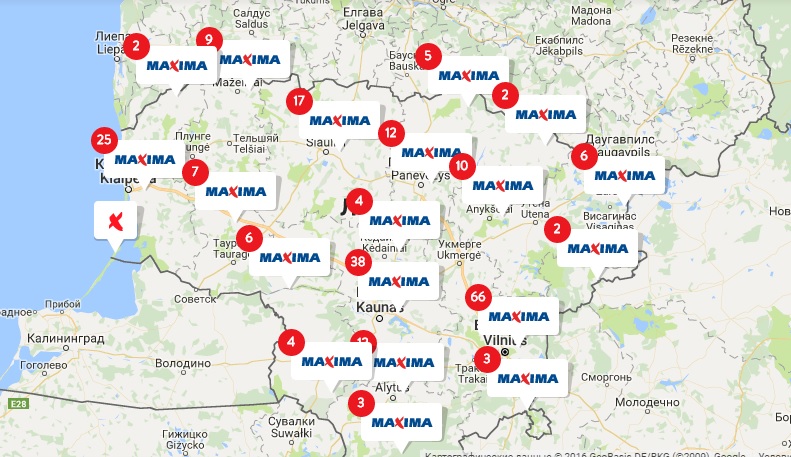 Магазины Maxima на карте Литвы